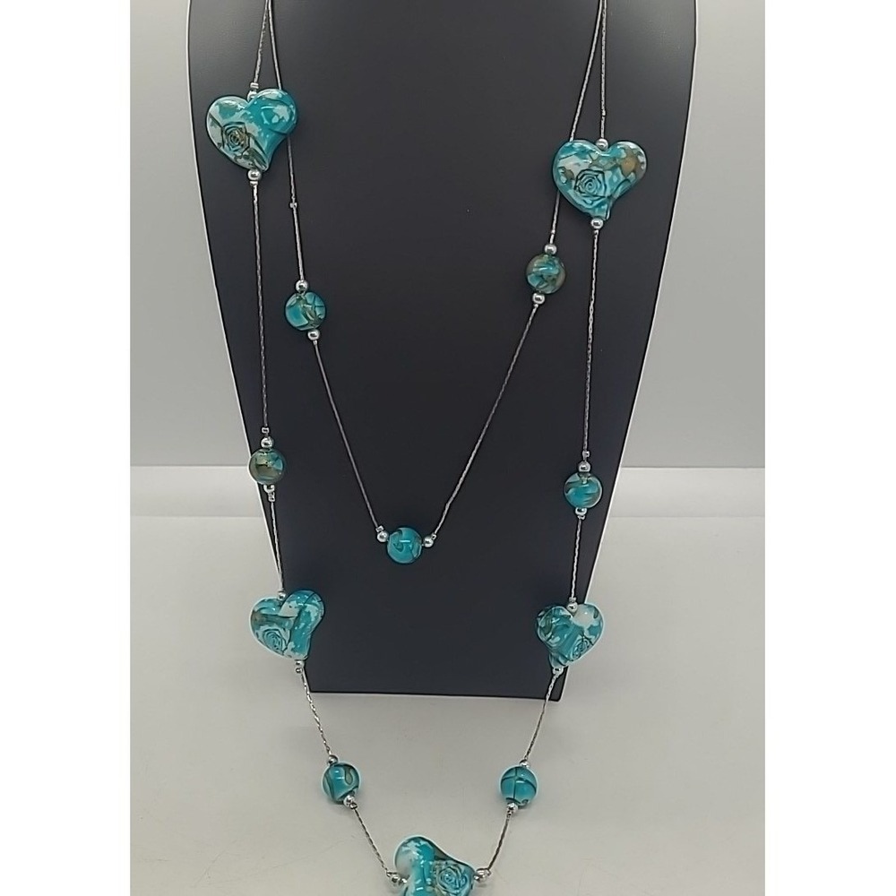 Puffy Heart Necklace Blue White Rose Teal Silver Tone Layered Floral‎
